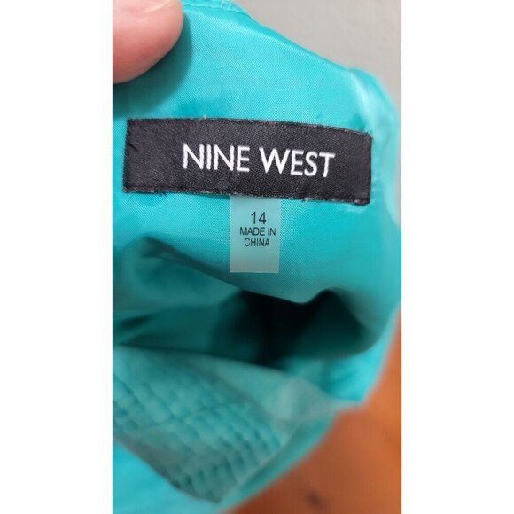 NIne West Sleeveless Aqua Textured Fit & Flare Dress With Pleated Detail - 14 - Picture 9 of 11